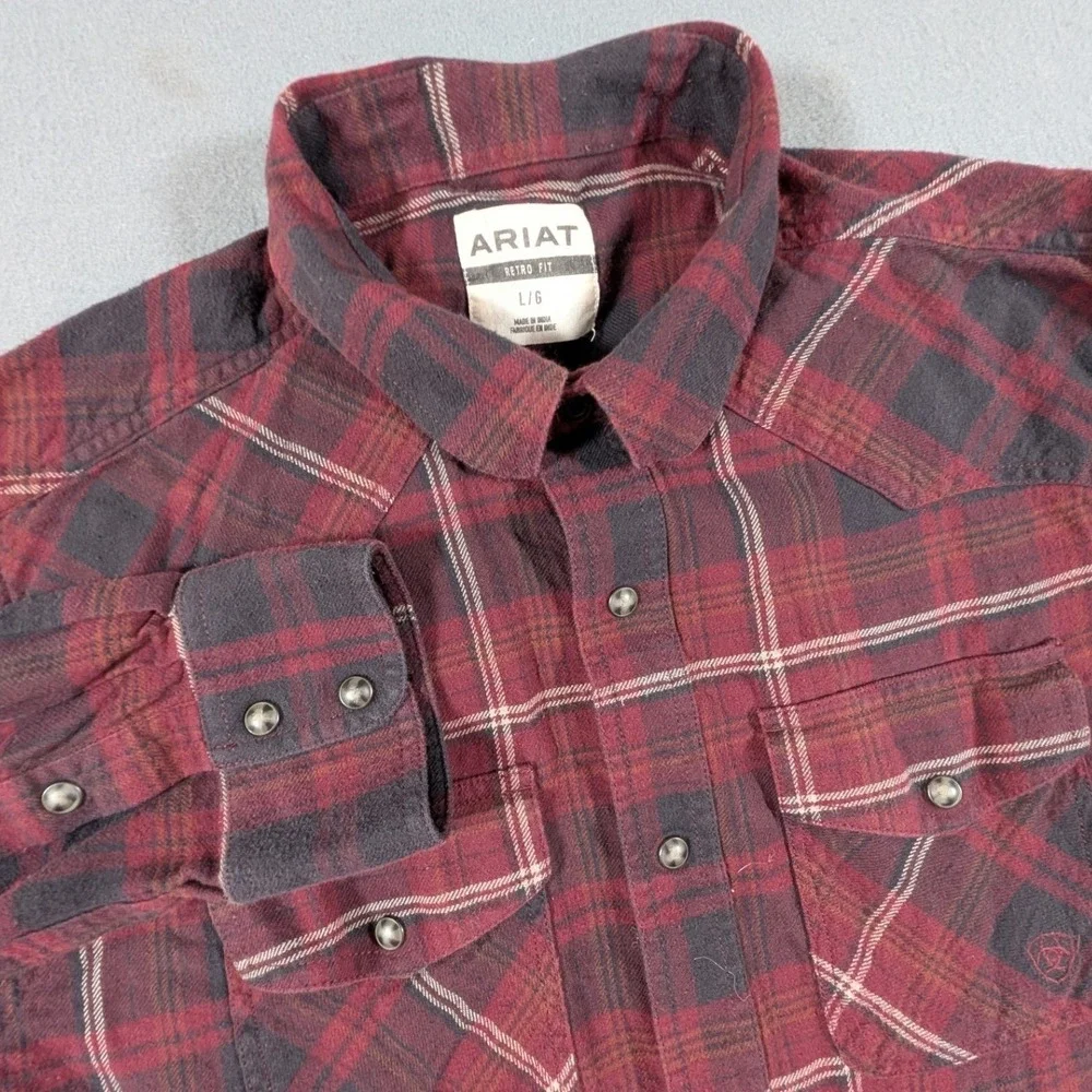 Ariat Heath Retro Snap Shirt Mens Large Burgundy Black Plaid Western Flannel